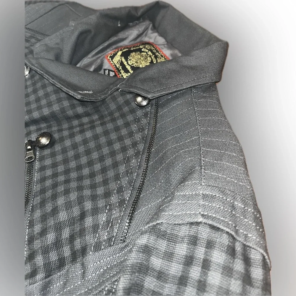 Live Mechanics Canvas Checked Plaid Gray Streetwear Moto Grunge Stud Coat 2XL